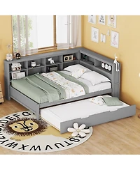 Streamdale Furniture Wooden Daybed with Twin Trundle Storage Shelf and Usb Ports