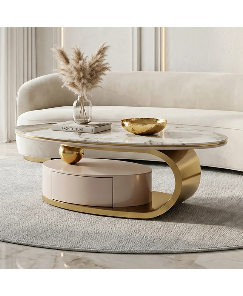 Streamdale Furniture 51.18'' Luxury Oval Coffee Table with Drawer Glass Top and Gold Stainless Frame