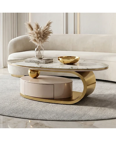 Streamdale Furniture 51.18'' Luxury Oval Coffee Table with Drawer Glass Top and Gold Stainless Frame
