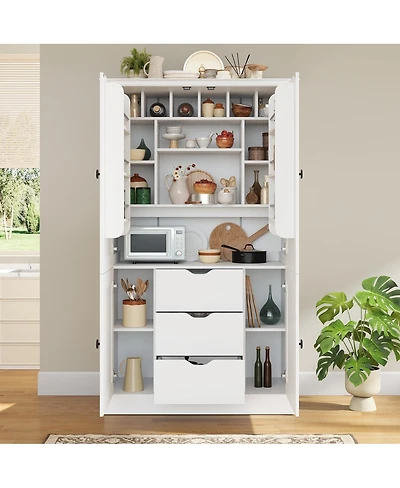 Streamdale Furniture Tall Freestanding Kitchen Pantry Cabinet with 4 Doors 3 Drawers and Wine Racks