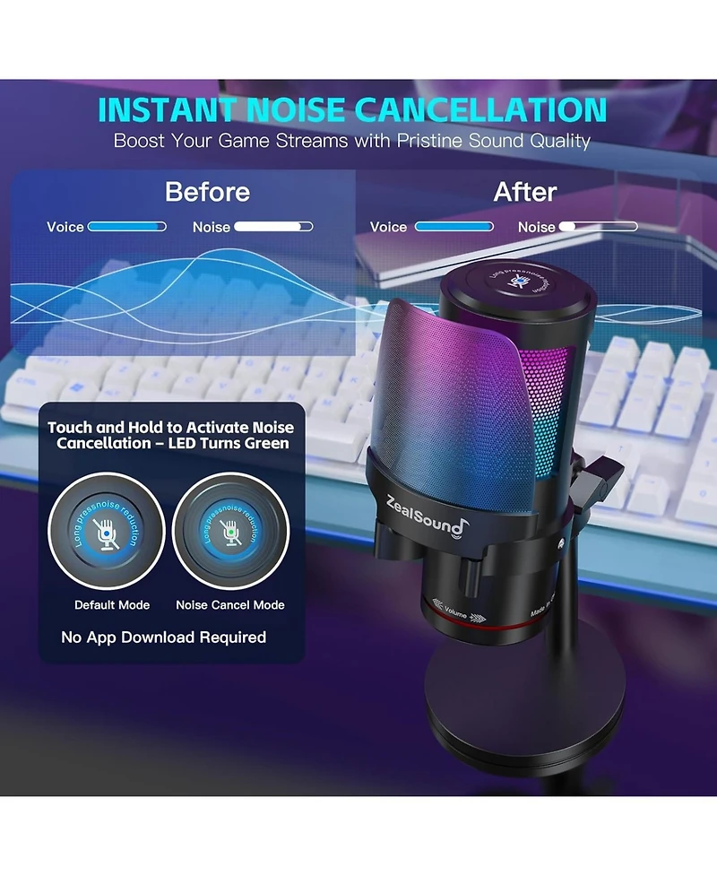 ZealSound Usb Condenser Microphone with Noise Cancellation, Touch Mute, Rgb Light and Volume Control for Streaming, Gaming and Podcasting
