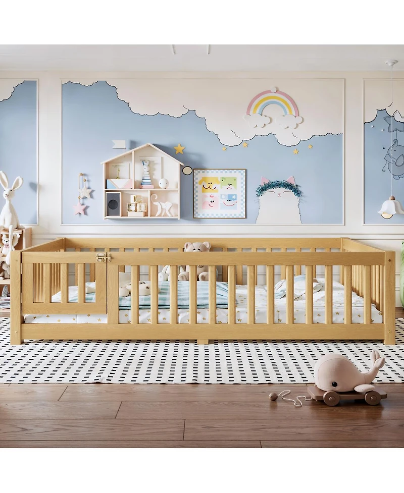 Streamdale Furniture Full Size Bed Floor Bed with Safety Guardrails and Door for Kids