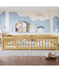 Streamdale Furniture Full Size Bed Floor Bed with Safety Guardrails and Door for Kids