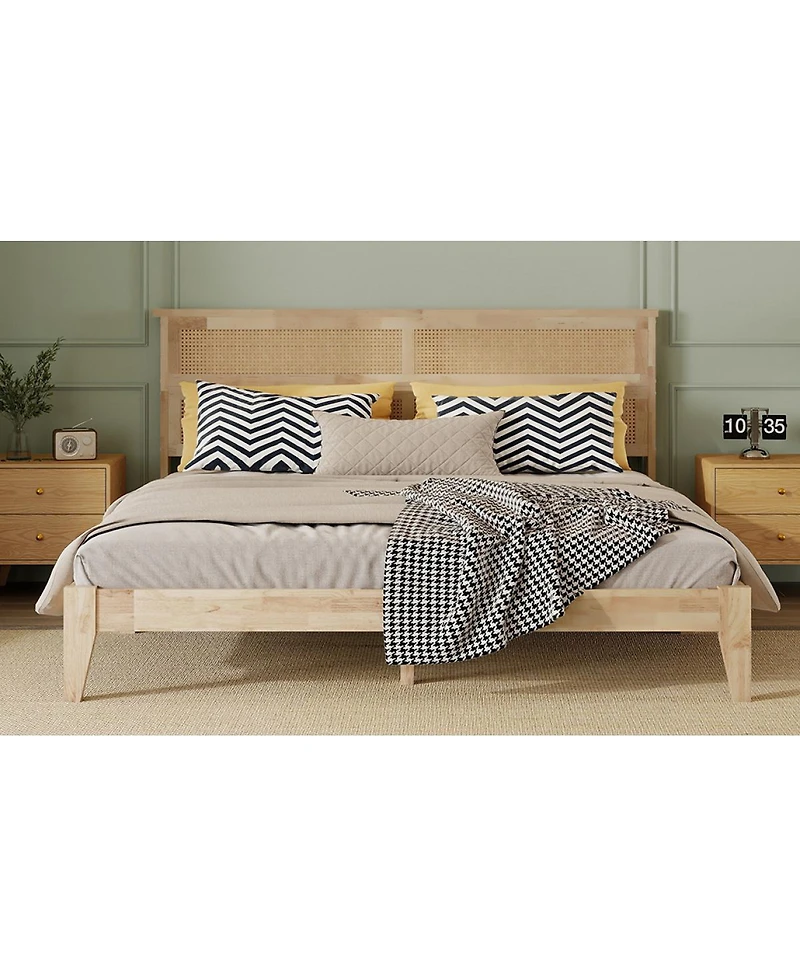 Streamdale Furniture King Size Solid Wood Bed with Rattan Headboard and Central Support