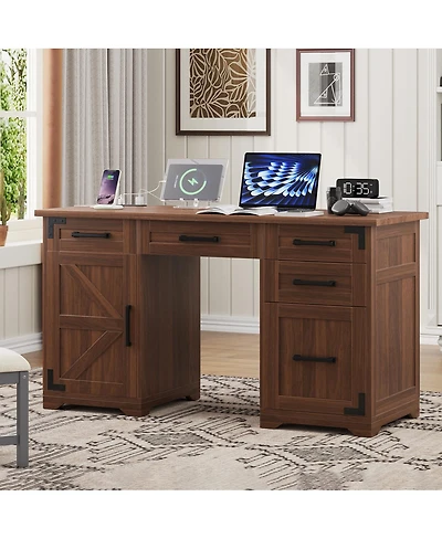 Streamdale Furniture 5'' Farmhouse Executive Desk with Charging Station 5 Drawers and Cabinet Walnut