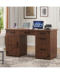 Streamdale Furniture 5'' Farmhouse Executive Desk with Charging Station 5 Drawers and Cabinet Walnut