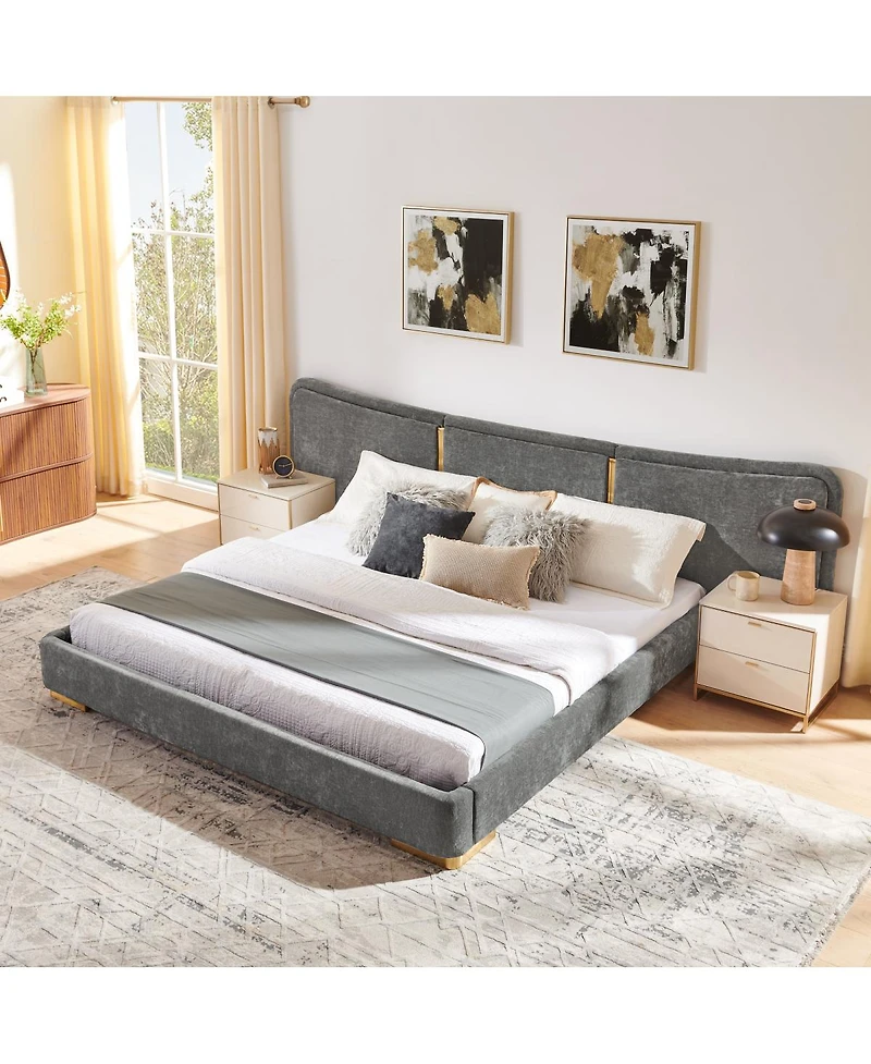 Streamdale Furniture King Size Extra Large Chenille Platform Bed with Curved Headboard