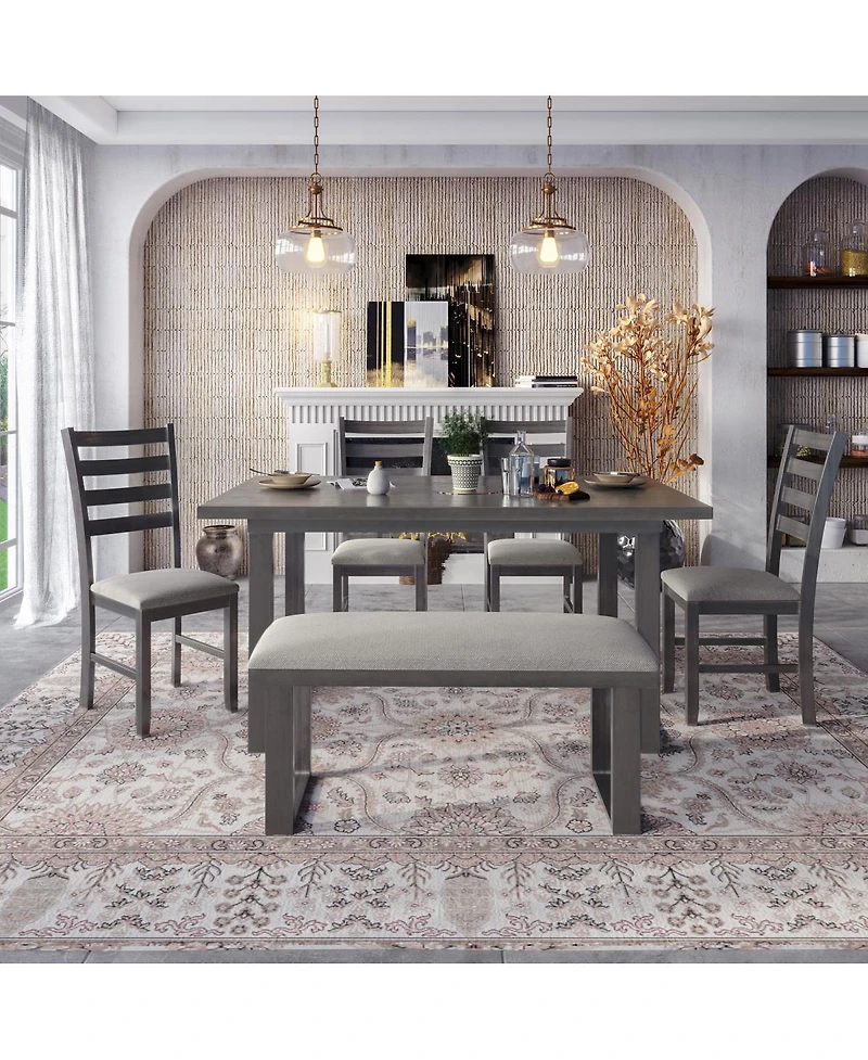Streamdale Furniture 6-Piece Solid Wood Dining Set with Rectangular Table 4 Chairs and Bench