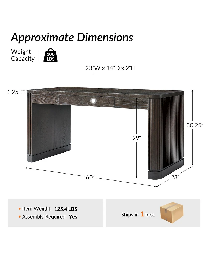 Hulala Home Damaris Aranza 60"W Solid Wood Base Fluted Desk with Cable Management