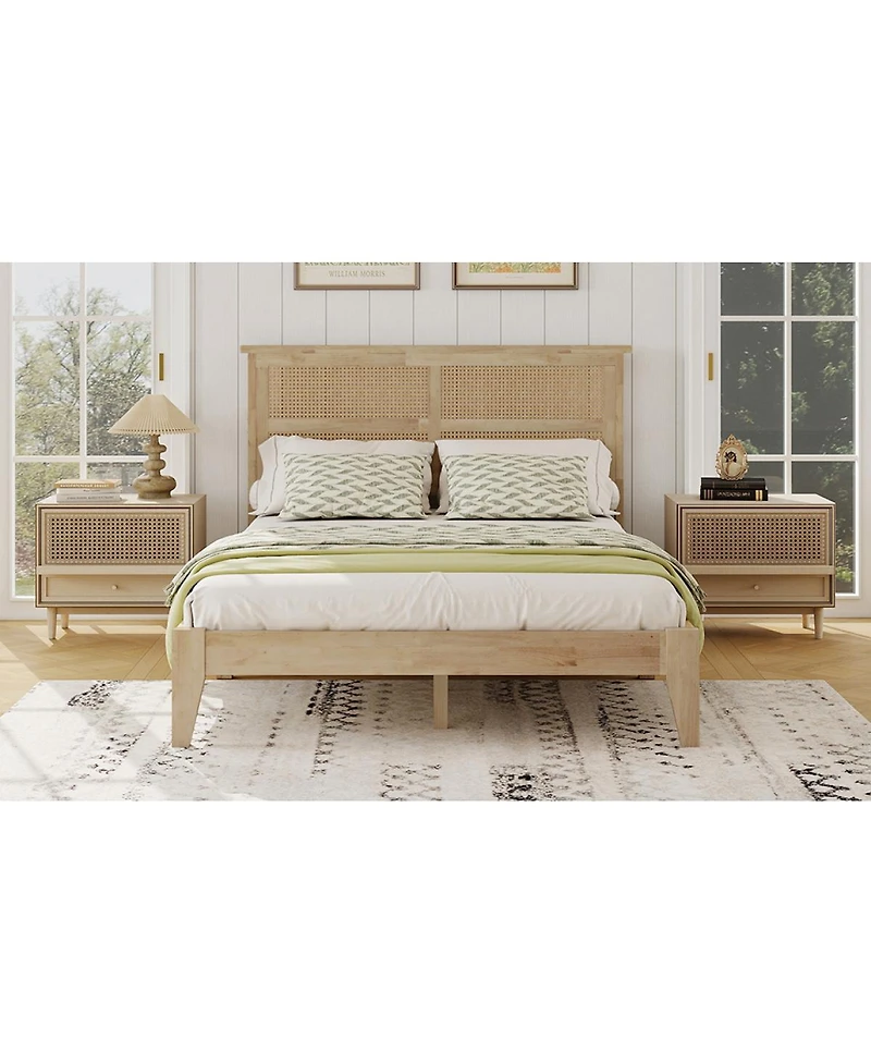 Streamdale Furniture Solid Wood Full Bed with Rattan Headboard and Central Support