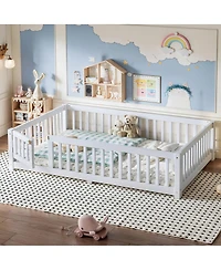 Streamdale Furniture Full Size Bed Floor Bed with Safety Guardrails and Door for Kids