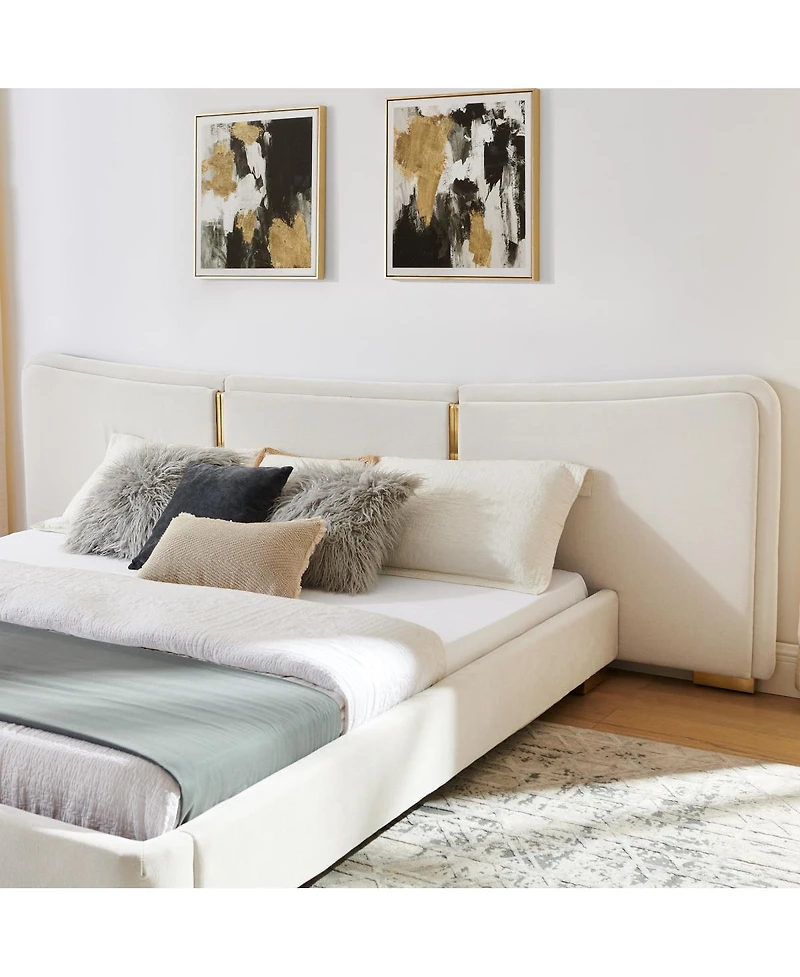 Streamdale Furniture Queen Size Extra Large Chenille Platform Bed with Curved Headboard