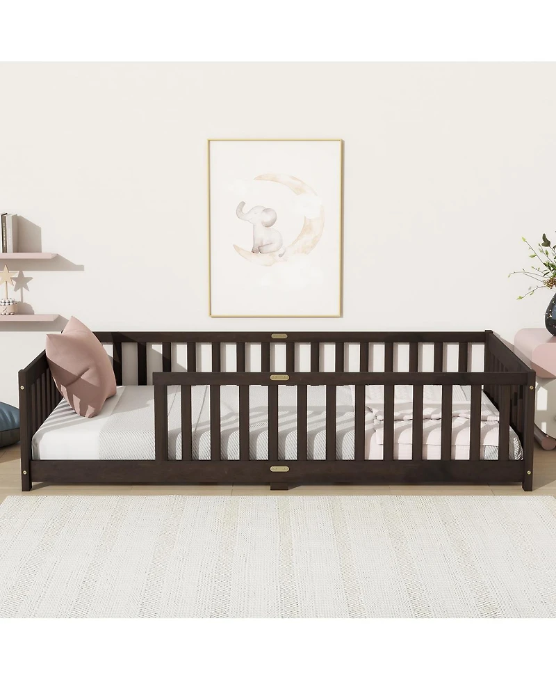 Streamdale Furniture Twin Size Floor Bed with Fence Rubber Wood with Safety Guardrails Espresso