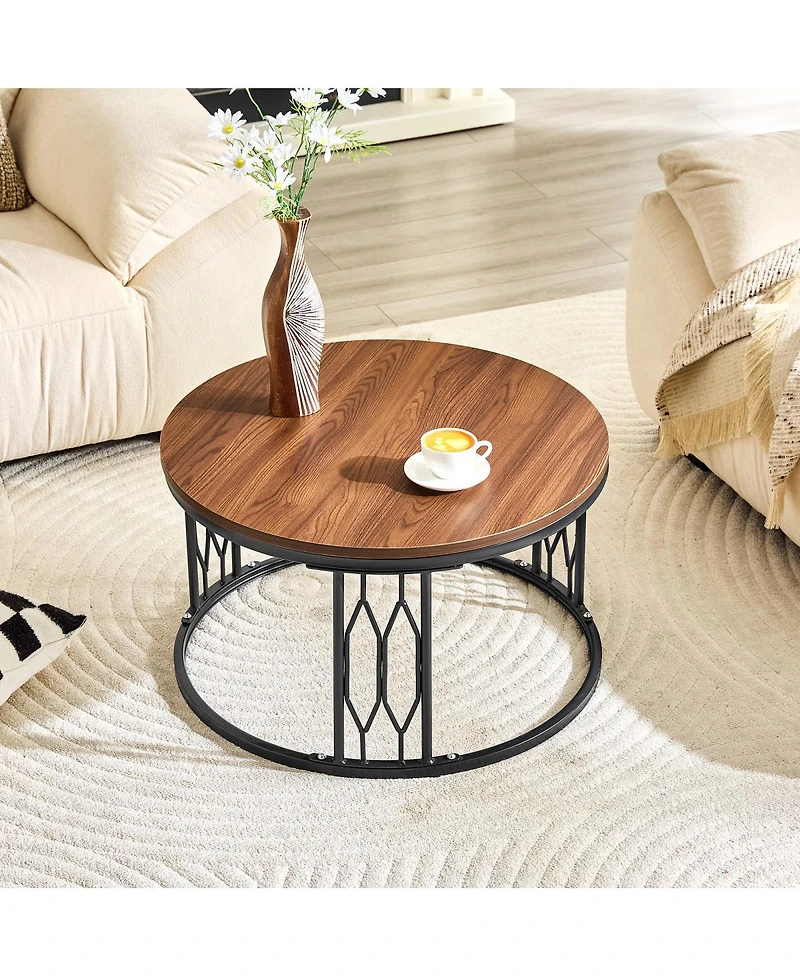 Streamdale Furniture 27.5'' Round Walnut Mdf Coffee Table with Sturdy Metal Frame