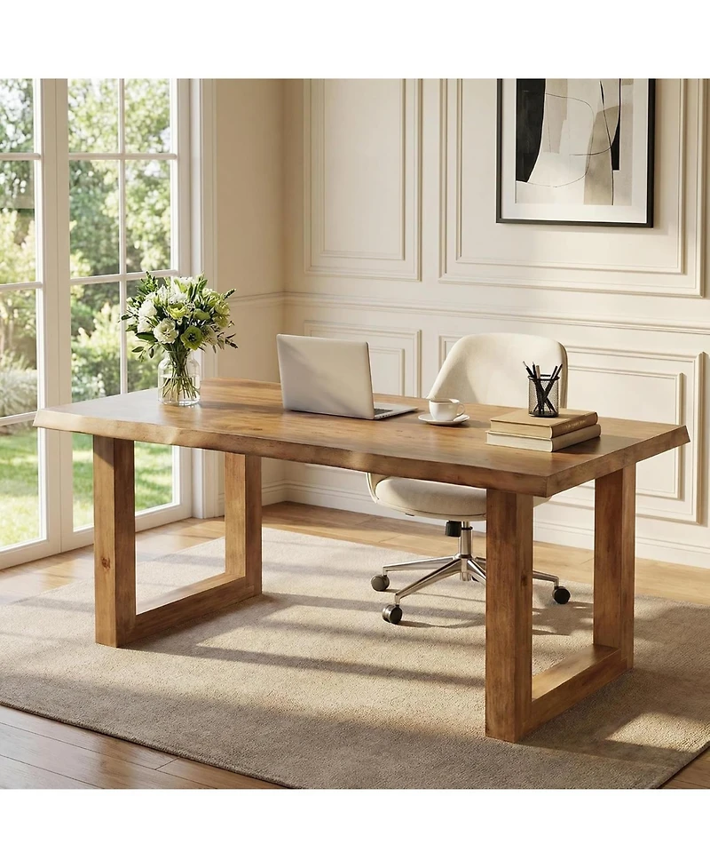 Tribesigns Solid Wood Home Office Desk, 63" Live Edge Executive Desk, Pine Wood Computer Table Bussiness Workstation