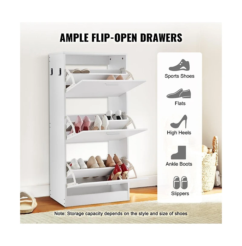 Sugift Slim Shoe Cabinet with 3 Flip Drawers, Freestanding Entryway Shoe Storage, 23.6 x 9.3 x 47.2 in