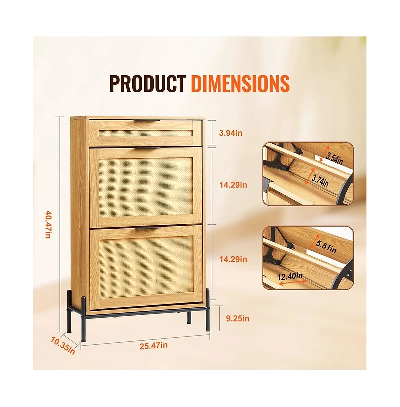 Sugift Narrow Rattan Shoe Cabinet with Flip Drawers, Slide Drawer, and Metal Frame