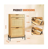 Sugift Narrow Rattan Shoe Cabinet with Flip Drawers, Slide Drawer, and Metal Frame