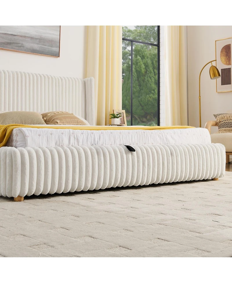 Streamdale Furniture Functional Striped Gas Lift Storage Bed Luxury Rabbit Fur Upholstered