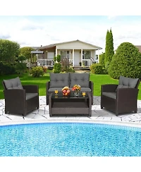 Sugift 4-Piece Rattan Patio Conversation Set with Glass Top Storage Coffee Table