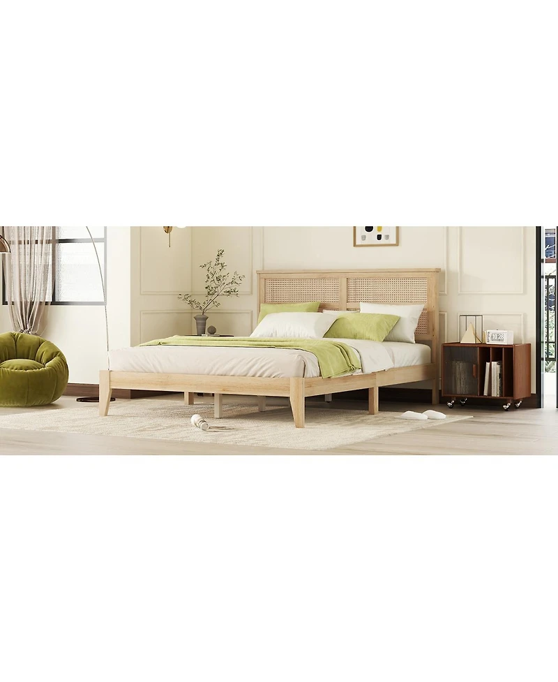 Streamdale Furniture Queen Size Solid Rubberwood Bed with Rattan Headboard and Support Feet
