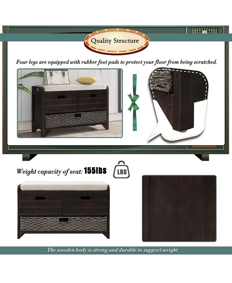 Streamdale Furniture Storage Bench with 2 Drawers Removable Basket and Cushion