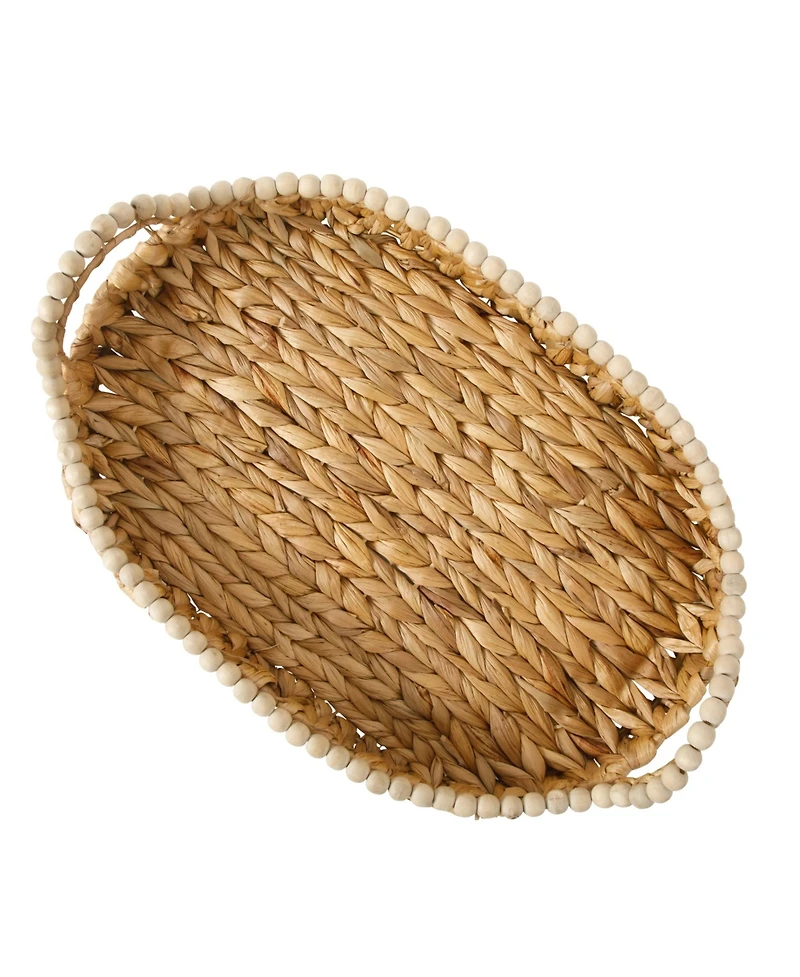 Gibson Home 17-Inch Woven Decorative Serving Tray – Large Natural Water Hyacinth Basket with Wood-Bead Trim and Handles