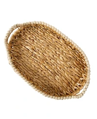 Gibson Home 17-Inch Woven Decorative Serving Tray – Large Natural Water Hyacinth Basket with Wood-Bead Trim and Handles