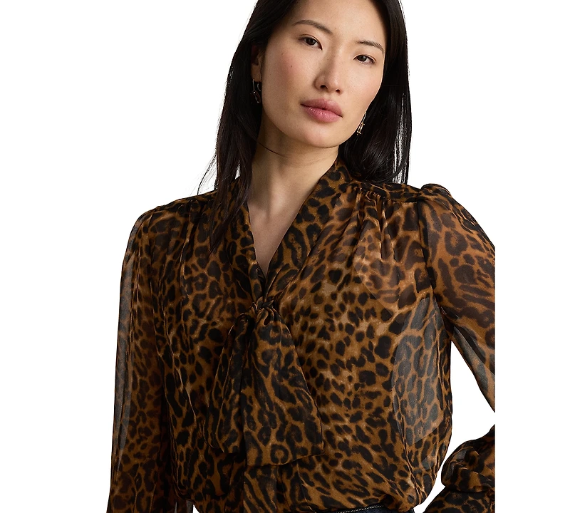 Lauren Ralph Petite Ocelot Print Chiffon Tie-Neck Blouse