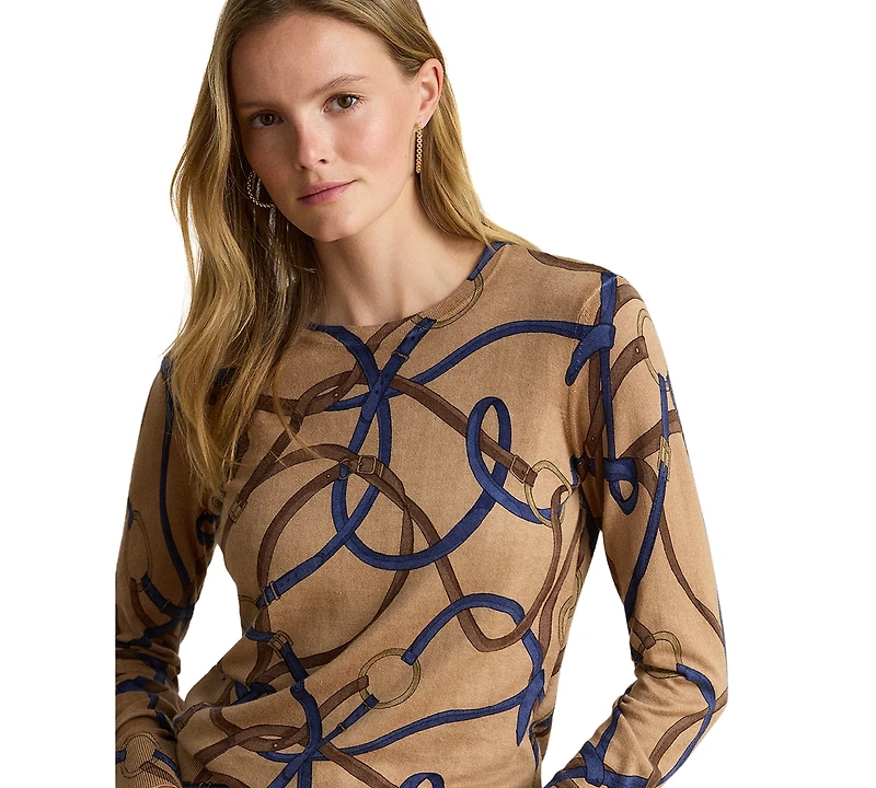 Lauren Ralph Petite Belting-Print Cotton-Modal Crewneck Sweater