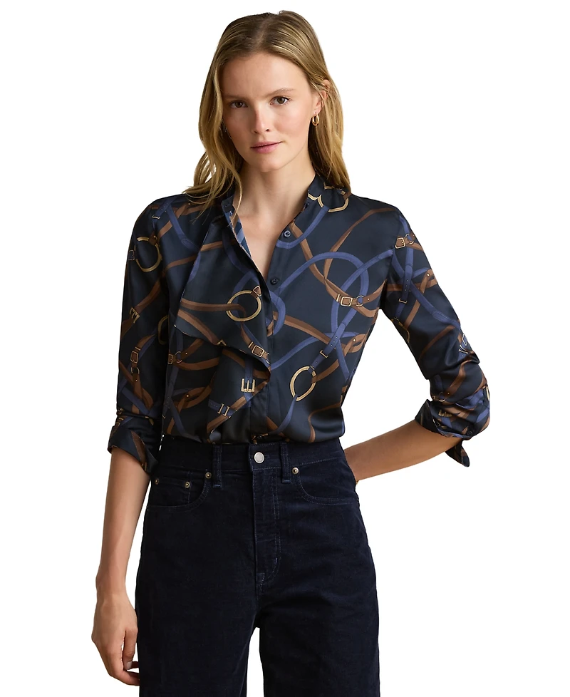 Lauren Ralph Petite Belting Print Ruffle-Trim Twill Shirt
