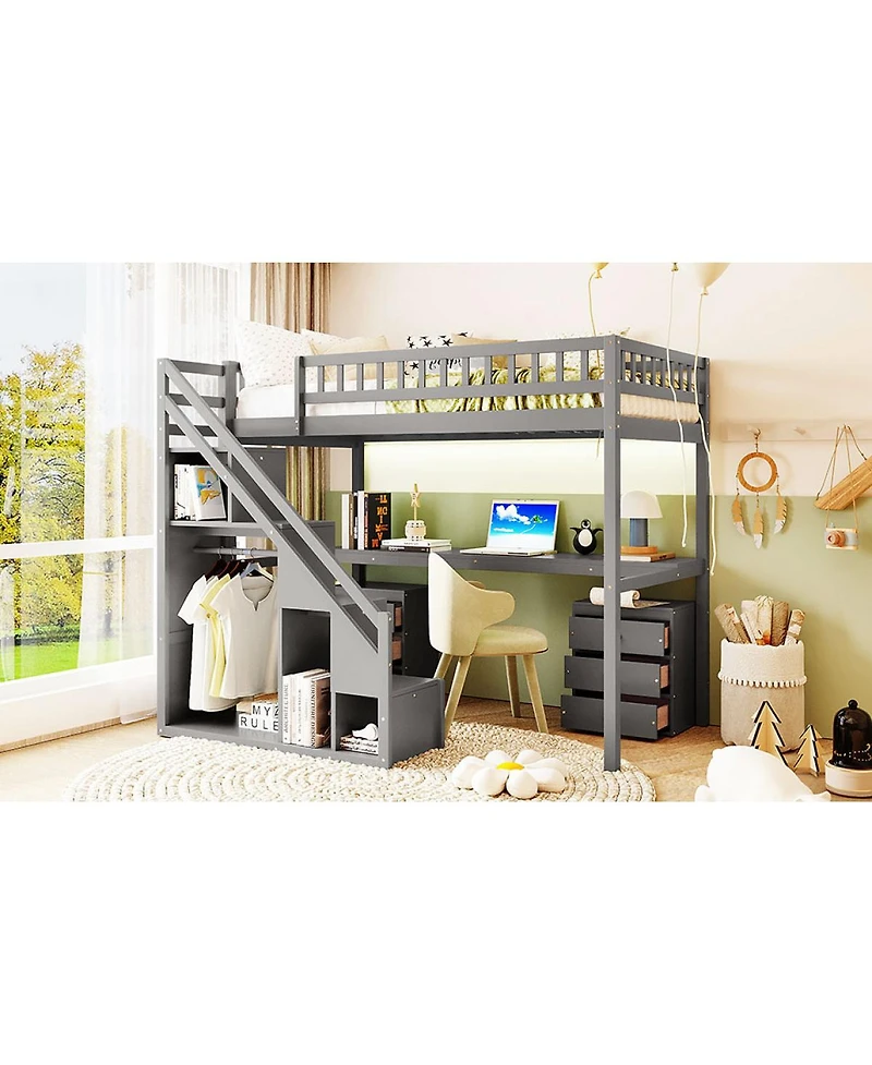 Streamdale Furniture Twin Size Loft Bed with Two Chest of Drawers Desk and Light Strip