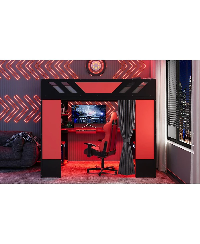 Streamdale Furniture Full Size Wood Loft Bed with Shelves Blackout Curtains and Rgb Lights