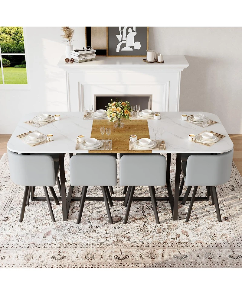 Streamdale Furniture 9-Piece Square Faux Marble Dining Set with 8 Pu Leather Chairs