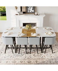Streamdale Furniture 9-Piece Square Faux Marble Dining Set with 8 Pu Leather Chairs