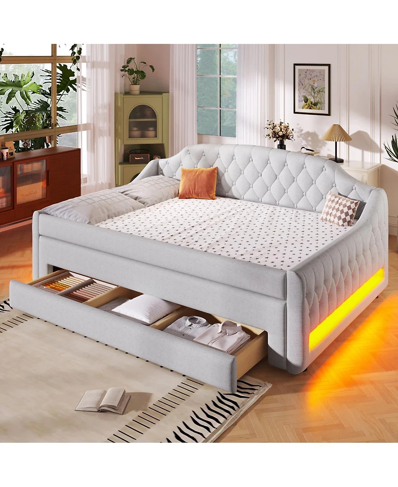 Streamdale Furniture Upholstered Full Size Daybed with Led Belt Trundle and Three Drawers