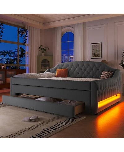 Streamdale Furniture Upholstered Full Size Daybed with Led Belt Trundle and Three Drawers