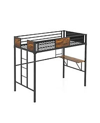 Gouun Twin Size Industrial Metal Loft Bed with Desk Storage Shelf and Build-in Ladder