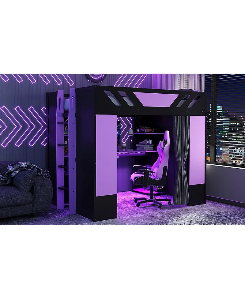 Streamdale Furniture Full Size Wood Loft Bed with Shelves Curtains and Rgb Lights