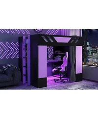 Streamdale Furniture Full Size Wood Loft Bed with Shelves Curtains and Rgb Lights