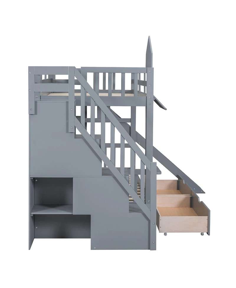 Streamdale Furniture Castle Style Bunk Bed with 2 Drawers 3 Shelves and Slide