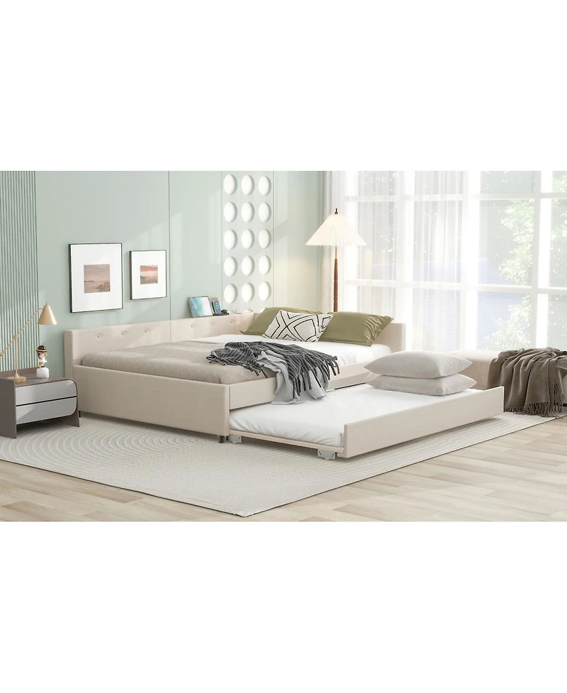 Streamdale Furniture Queen Size Upholstered Platform Bed with Usb and Twin Size Trundle