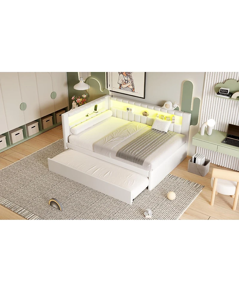 Streamdale Furniture Full Size Upholstered Platform Bed with Led Usb Ports and Trundle