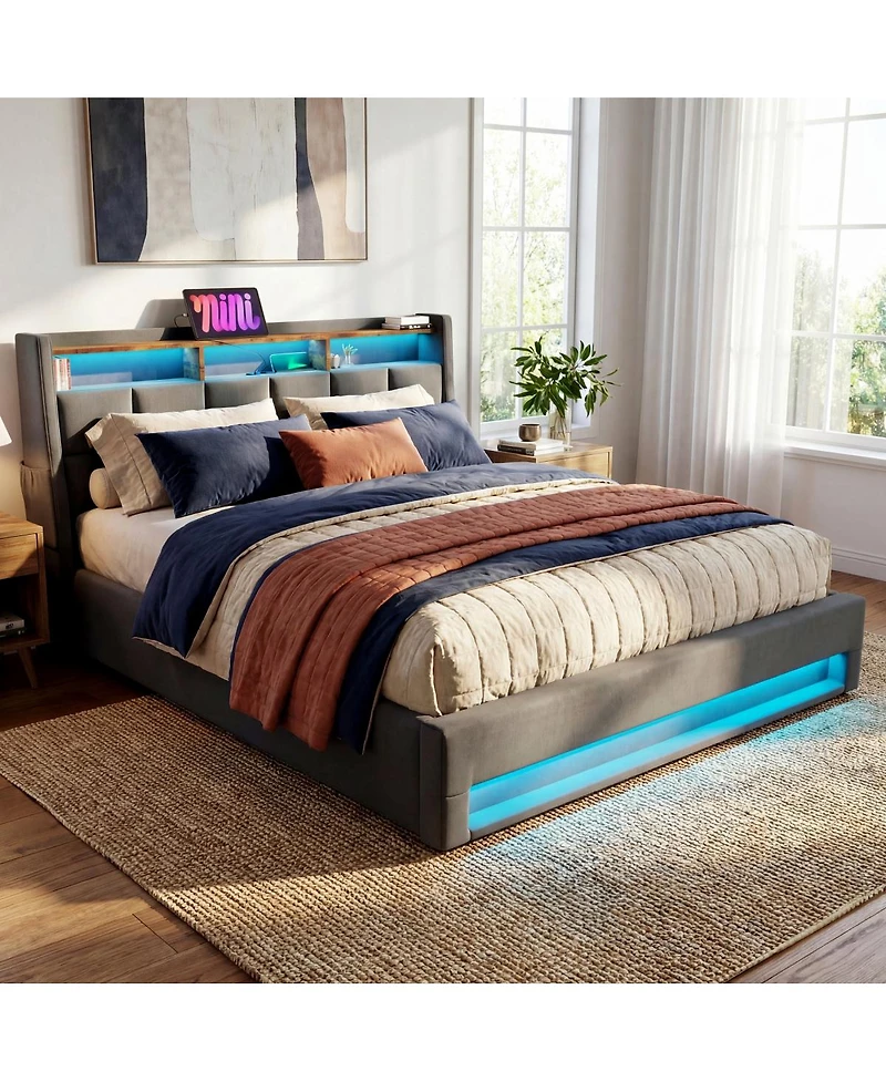 Streamdale Furniture Full Size Upholstered Hydraulic Storage Bed with Led and Charging Station