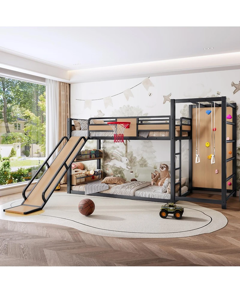 Streamdale Furniture Metal Loft Bed with Basketball Hoop Climbing Wall Slide and Bookshelves
