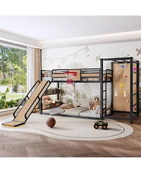 Streamdale Furniture Metal Loft Bed with Basketball Hoop Climbing Wall Slide and Bookshelves