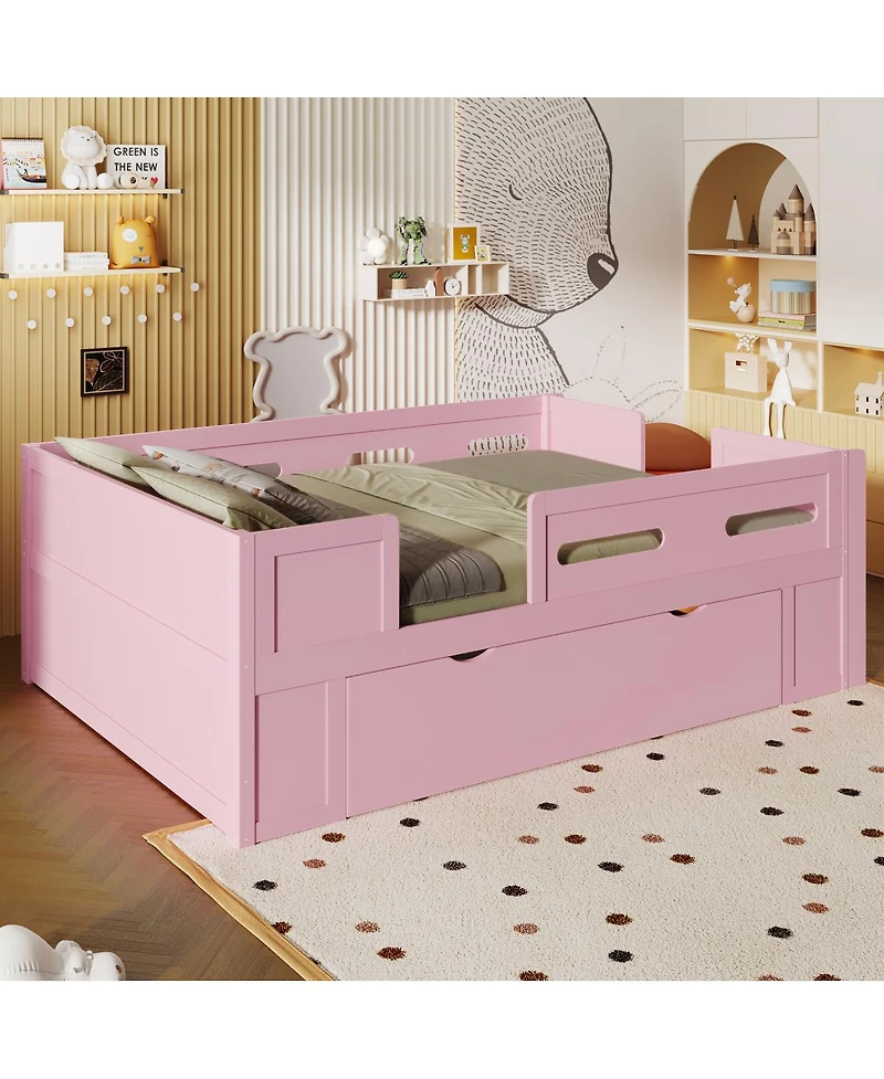 Streamdale Furniture Wood Full Size Platform Bed with Guardrail and Drawer