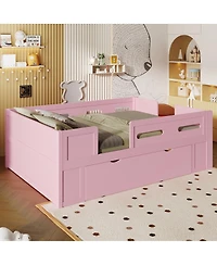 Streamdale Furniture Wood Full Size Platform Bed with Guardrail and Drawer