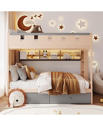 Streamdale Furniture Castle-Style Wooden Loft Bed with Led Lights and Storage Drawers