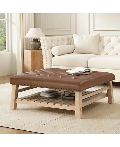 Streamdale Furniture 41.5'' Tufted Square Ottoman Coffee Table with Storage Shelf and Nailhead Trim